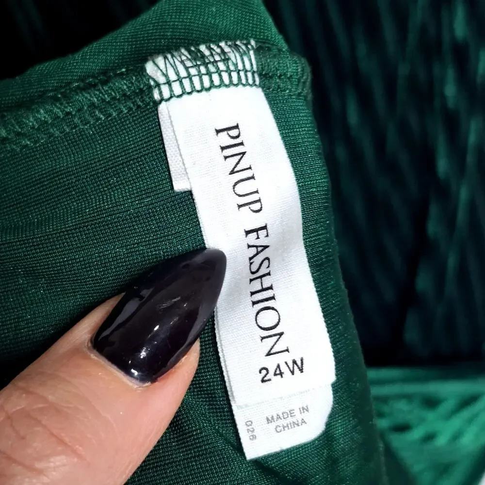 Velvet Smocked Maxi Dress 24W 3X Emerald Full Sweep Fall 40s Retro Pinup Fashion